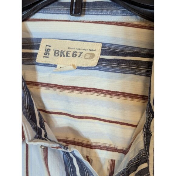 Bke67 Striped Long Sleeve "pearl" snap Shirt L Beige Blue Red Cotton - Picture 3 of 7